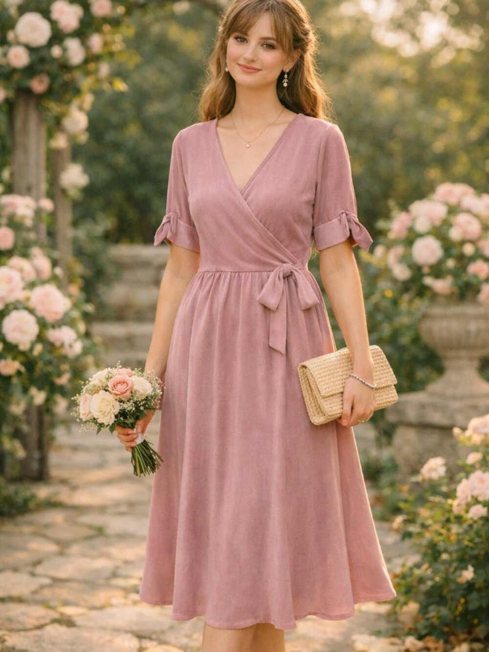 Orange Creek Mauve Pink Short Sleeve with Tie Bow Dress With Pockets Size M